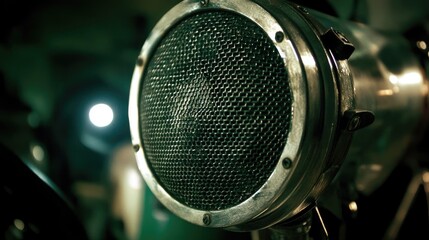 Fototapeta premium Close-Up of a Vintage Microphone with Intricate Grill Design in a Dimly Lit Environment Highlighting Industrial Elements and Nostalgic Atmosphere