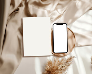 Rustic Wedding Invitation Mockup with Blank Card, Eucalyptus, and Soft Green Fabric – Perfect for Eco-Friendly and Feminine Wedding Designs