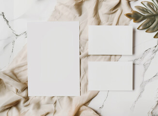 Minimalist Stationery Mockup with Blank Cards, Eucalyptus Branches, and Neutral Fabric – Ideal for Elegant Wedding Announcements