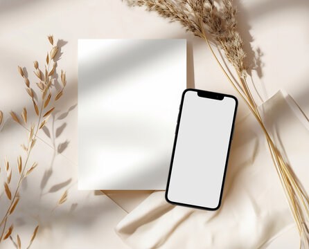 Elegant Minimalist Mockup with Blank Cards, Woven Basket, and Eucalyptus – Perfect for Botanical Wedding Invitations and Stationery - Powered by Adobe