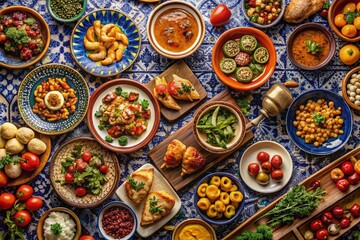 Fototapeta premium Captivating Food Photography Showcasing Vibrant Dishes on Intricate Sintra Tiles for a Culinary Experience That Blends Culture and Flavor in a Stunning Presentation