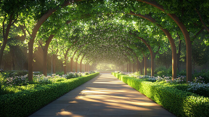 peaceful pathway surrounded by neatly trimmed hedges, offering a sense of calm and tranquility, evoking feelings of serenity, reflection, and quiet contemplation within a structured environment