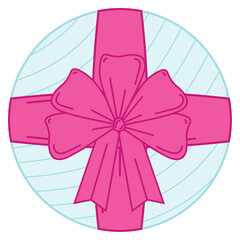 Round light blue gift box with pink bow and stripes, Vector