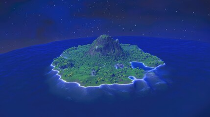 Lush Tropical Island Surrounded by Calm Ocean Waters Under a Starry Night Sky, Featuring a Verdant Landscape and a Central Mountain Peak