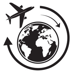 Global Travel Icon - Black and White Airplane and World Globe Symbol with Minimalist Circular Design