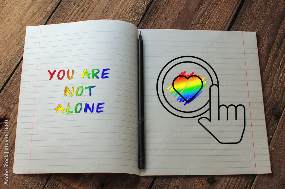 Poster notebook with a rainbow heart and the words you are not alone written on it