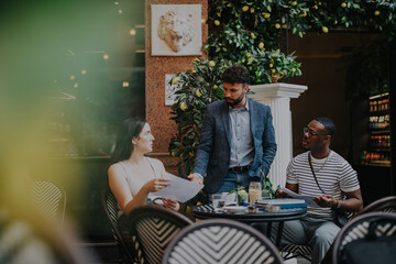 Multicultural group of professionals brainstorming ideas and discussing strategies over coffee. The collaborative atmosphere emphasizes teamwork and diversity in a modern cafe environment.