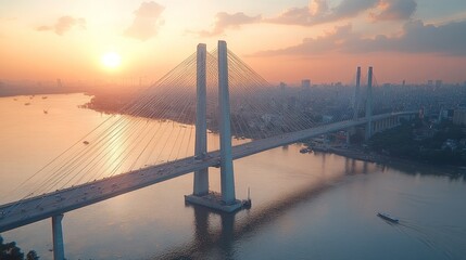 Obraz premium Sunset aerial view of cable-stayed bridge over river.