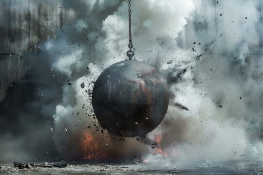 Demolition crane swinging wrecking ball causing destruction, smoke and fire