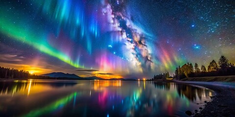 Obraz premium Captivating Iridescent Aura Photo Effect Mockup: A Night Photography Display Showcasing Vibrant Colors and Dreamy Visuals for Creative Projects and Digital Artworks