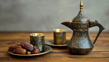 A traditional Arabic coffee set with dates on a wooden table. The set consists of a decorative coffee pot, two small cups, and a plate of dates.
