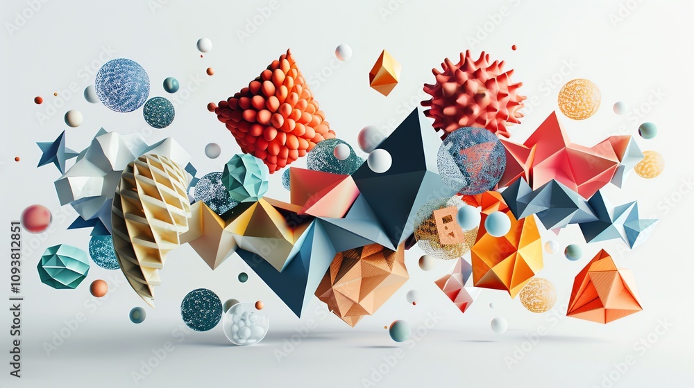 Poster a 3d render of a collection of colorful, textured objects.