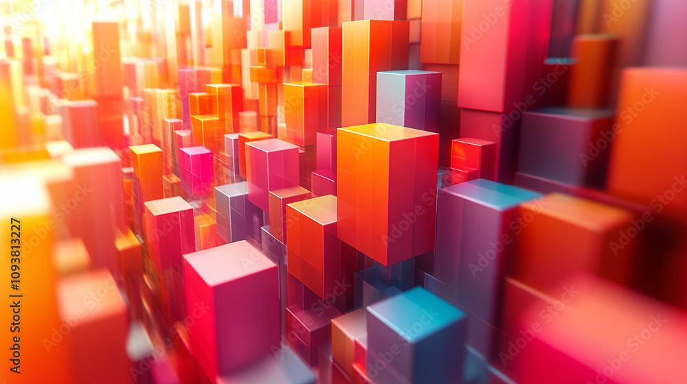 Poster dynamic abstract geometric background featuring sharp, 3d floating shapes in vibrant hues, creating 
