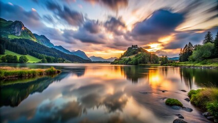 Fototapeta premium Captivating Long Exposure Capture of a Serene Landscape Illuminated by the Earthy Glow of the Chien de Nol at Dusk, Creating an Ethereal Atmosphere and Tranquil Aesthetic