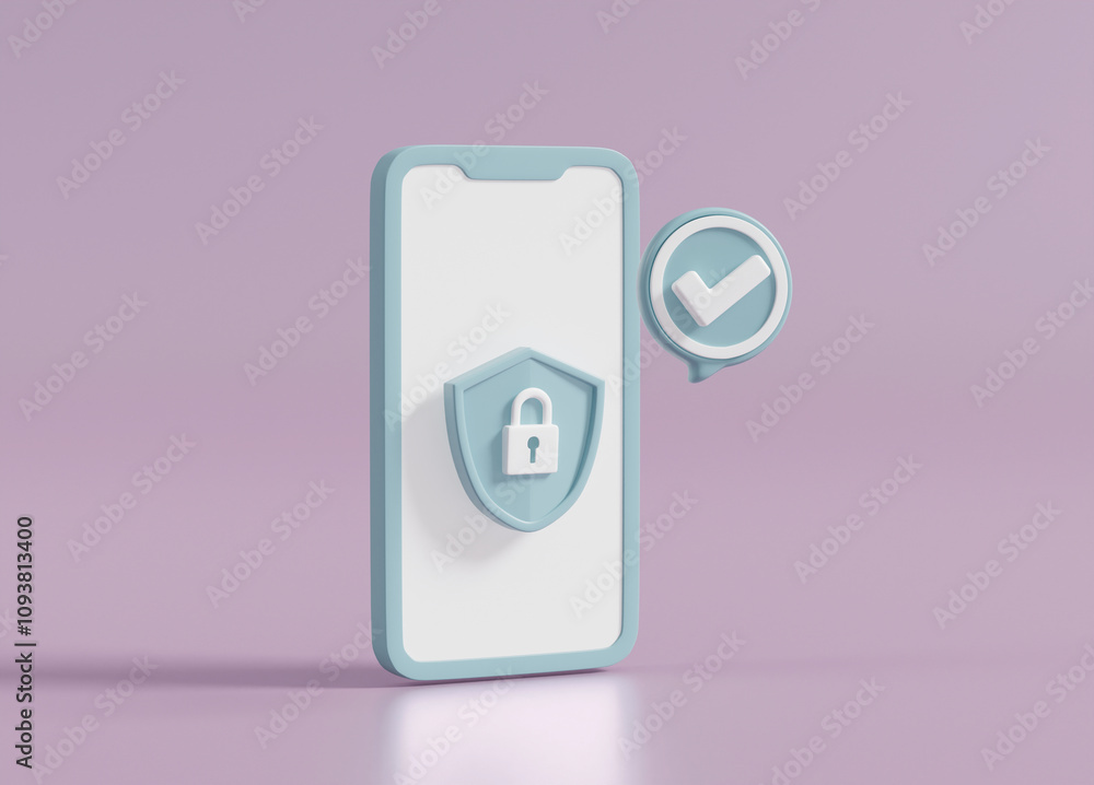 Aufkleber 3d rendered illustration of a smartphone icon check mark symbol in a circle frame shield and padlock