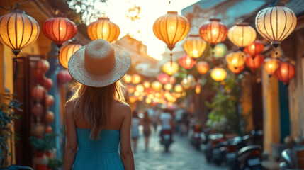 Obraz premium woman walks confidently through vibrant city streets, her body in motion, symbolizing freedom, independence, and the energy of urban life with bustling surroundings