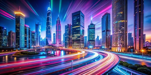 Captivating Long Exposure of a Futuristic Neon Digital Landscape with Vibrant Colors, Glowing Skyscrapers, and Dynamic Light Trails Illuminating the Night Sky