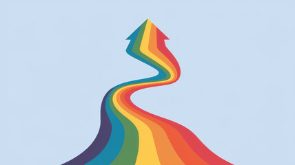 A vibrant rainbow arrow curves upward against a soft blue background, symbolizing positivity and forward movement.