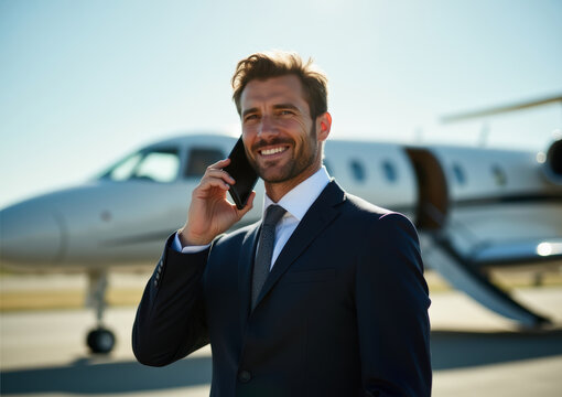 A confident businessman in a suit talks on his phone while standing near a private jet. The image conveys success, luxury, and travel. - Powered by Adobe