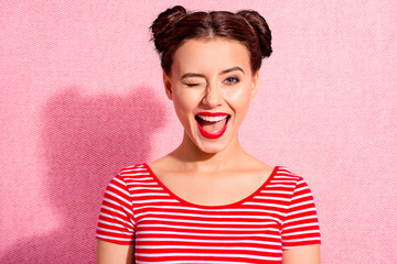 Close up photo beautiful she her lady pretty hairdo two buns bright pomade allure tempting big lips...