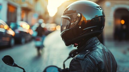 Fototapeta premium A biker in a leather jacket and helmet standing in a city street.