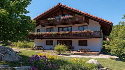 Obraz premium Charming Alpine Lodge Surrounded by Lush Greenery and Colorful Flowers, Ideal for Getaways and Nature Retreats in a Picturesque Rural Setting