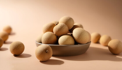 Fresh Longan fruit in a bowl on Pastel light brown background