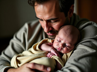 A tender scene of a father lovingly holding his sleeping newborn, wrapped in a cozy blanket. This peaceful moment captures the warmth and bond between parent and child