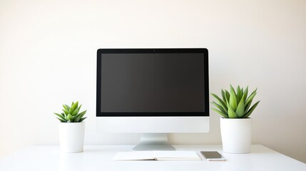 Modern office workspace with sleek computer, minimalistic decor, potted plants, notepad, and mobile phone, creating a fresh and productive environment for work or study