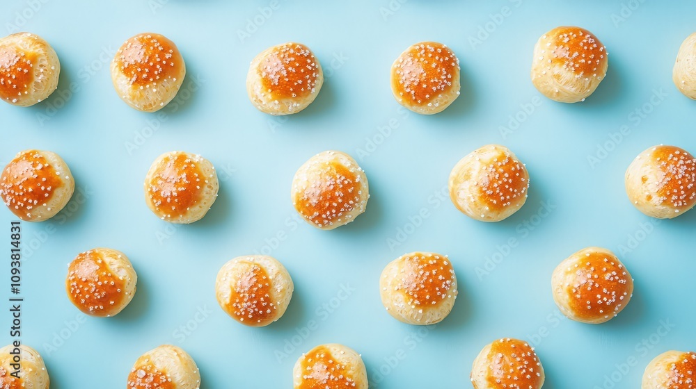 Poster freshly baked soft bread rolls with glazed topping arranged in a symmetrical pattern on a light blue