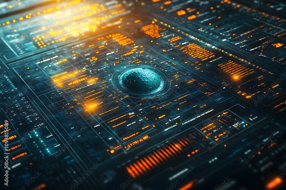 Poster futuristic digital interface with glowing elements and a central spherical object.