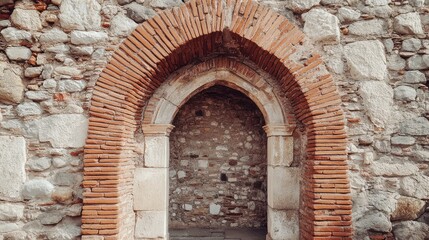 Fototapeta premium Ancient Brick Archway and Stone Wall Surrounded by Weathered Rocks - Historic Architecture Detail in a Ruined Building with Unique Texture