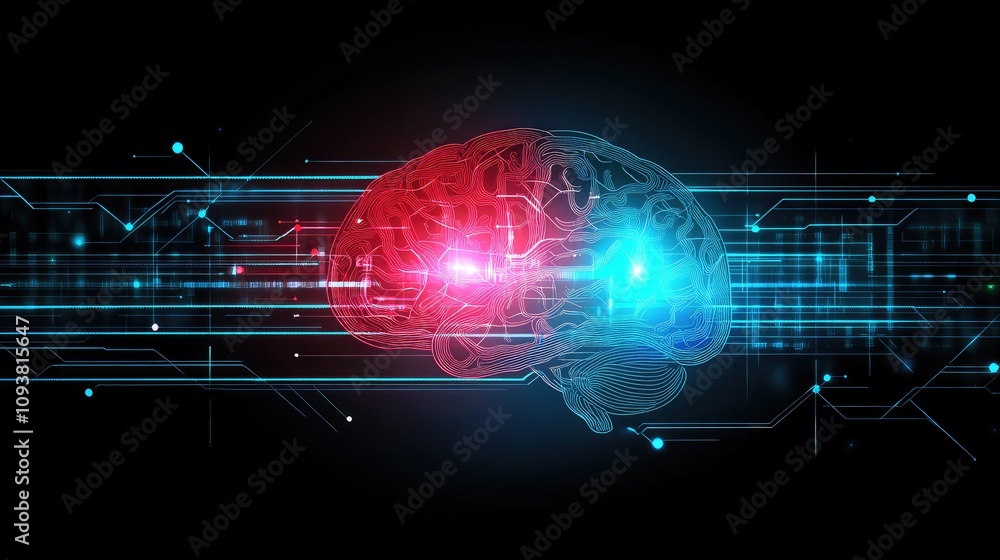 Poster futuristic digital brain with neon lights representing artificial intelligence, technology, and data