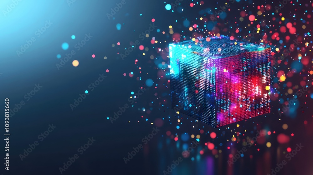 Poster abstract digital cube surrounded by colorful particles and lights illustrating technology and innova