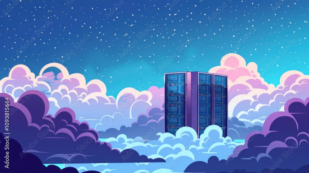 Poster digital skyscraper in a vibrant sky surrounded by colorful clouds, illustrating innovation and advan