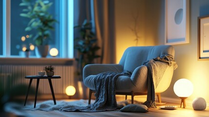Cozy Indoor Living Space with Soft Ambient Light, Modern Armchair, Decorative Throw Blanket, Wall Art, and Plants for a Warm Atmosphere
