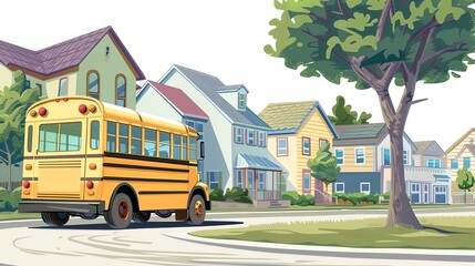 Obraz premium A cartoon school bus drives down a suburban street.