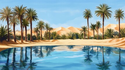Fototapeta premium Serene Oasis in Desert Landscape with Palm Trees and Reflective Water Under Clear Blue Sky and Golden Sand Dunes