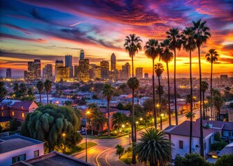 Captivating Low Light Photography of East Los Angeles at Twilight, Showcasing Vibrant City Lights, Dynamic Skies, and Urban Architecture in a Serene Atmosphere