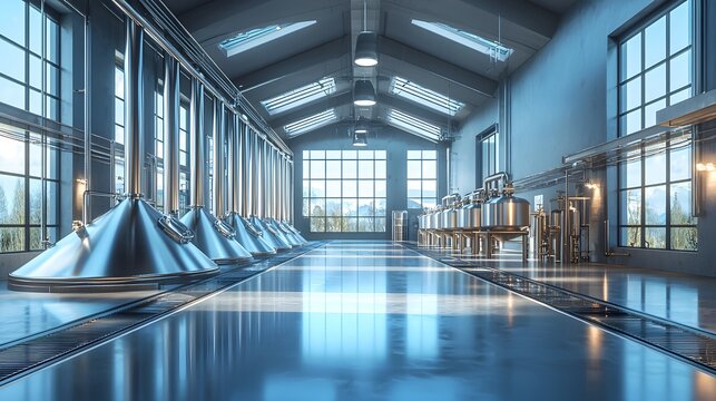 Modern brewery setup, aligned fermentation tanks, clean metallic finish