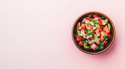 Fresh and Colorful Salsa in a Bowl with Chopped Vegetables and Herbs on a Soft Pink Background for Culinary and Food Photography
