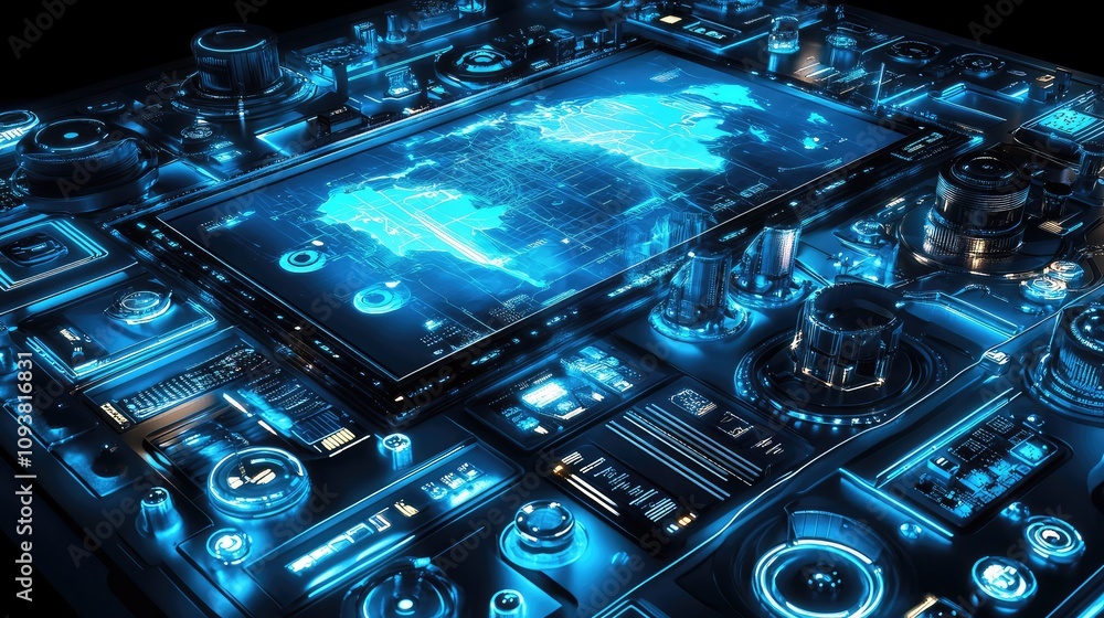 Poster futuristic interface with digital map display in neon blue color and advanced technology elements fo