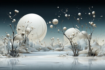 landscape with white balls and trees,.  
