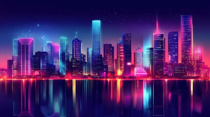 Futuristic Cityscape at Night with Neon Lights and Reflections on Water, Vibrant Skyline of Tall Buildings Against Starry Sky in Purple and Blue Hues