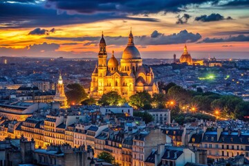 Fototapeta premium Captivating Low Light Photography of the Basilica of Sacré-Cœur from the Observation Deck with a Stunning Paris Panorama in 4K Time Lapse during the Evening Hours