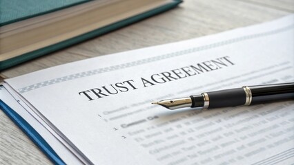 A closeup of a document labeled Trust Agreement with a pen on top symbolizing the signing of a family trust.