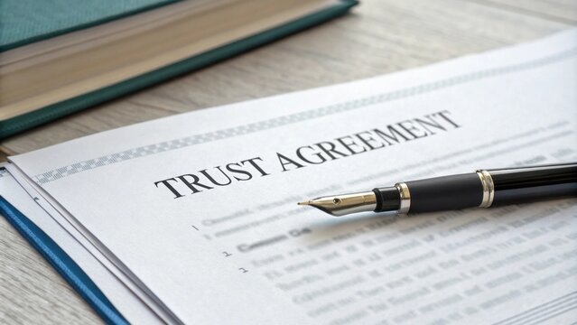 A closeup of a document labeled Trust Agreement with a pen on top symbolizing the signing of a family trust.