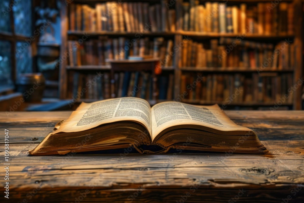 Poster old open book placed on a wooden table with blurred bookshelves in the background, creating a vintag
