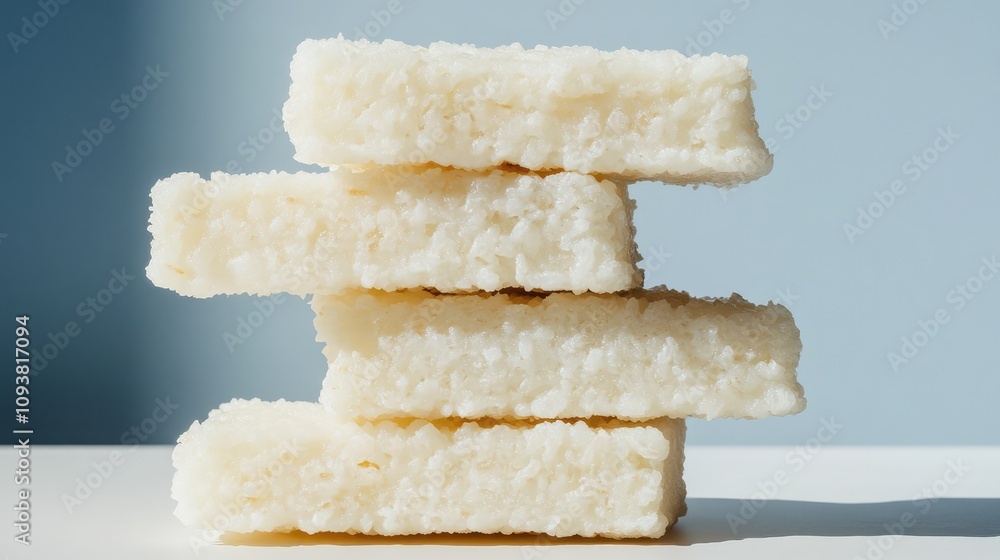 Poster stacked coconut desserts on a light table with soft blue background showcasing textured layers and d