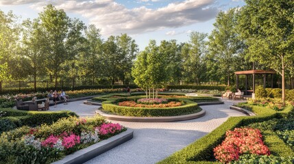 Serene Urban Park with Lush Greenery, Colorful Flowers, and Gathering Spaces in Bright Natural Light